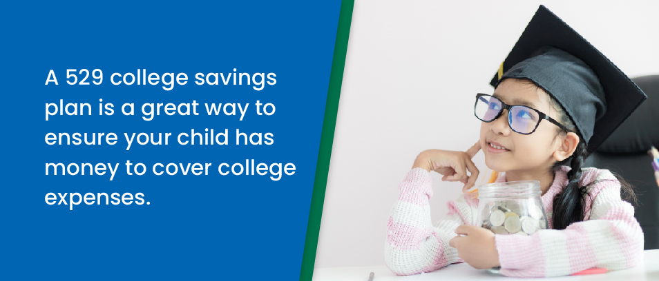 A 529 college savings plan is a great way to ensure your child has money to cover college expenses - young girl wearing a graduation cap holding a jar of money